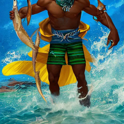 Image similar to Jamaican fisherman wearing calico cloth and posing in a battle stance in the Jamaican sea, style by Ross Tran and Artgerm and Peter Mohrbacher