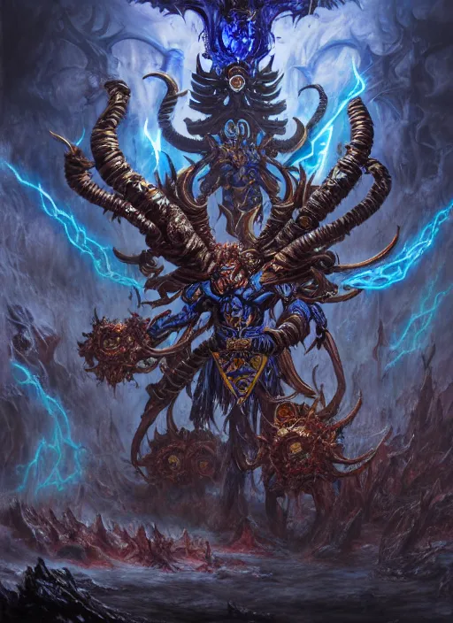 Image similar to wide shot of a changer of ways tzeentch, evil warp energy, intricate, warhammer, warhammer 4 0 k, highly detailed, digital painting, concept art, sharp focus, illustration, psychedelic, grim dark, moody, gloomy, art by john blanche, by pedro nunez, by jaime martinez, by nacho molina