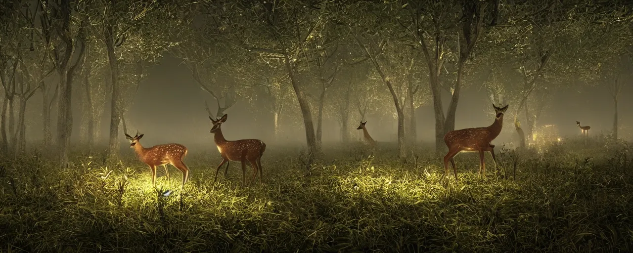 Image similar to deer in an ethereal forest made from glowing circuits and electronics, highly detailed concept art, 3 d, volumetric lighting