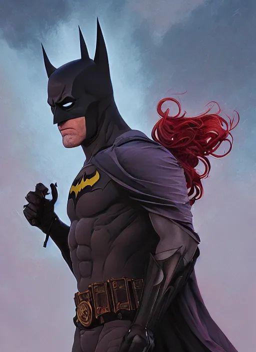 Image similar to highly detailed portrait of batman, unreal engine, fantasy art by greg rutkowski, loish, rhads, ferdinand knab, makoto shinkai and lois van baarle, ilya kuvshinov, rossdraws, tom bagshaw, alphonse mucha, global illumination, radiant light, detailed and intricate environment