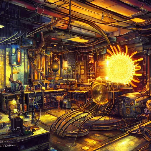 Image similar to fusion reactor in a cyberpunk tinkerer's workshop cryengine render by android jones, james christensen, rob gonsalves, leonid afremov and tim white