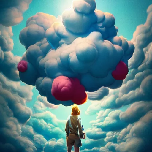 Prompt: puffy clouds, james jean style, drew struzan movie poster, vfx art, unreal engine render, claymation style, colourful, volumetric light, digital painting, digital illustration, dramatic light,