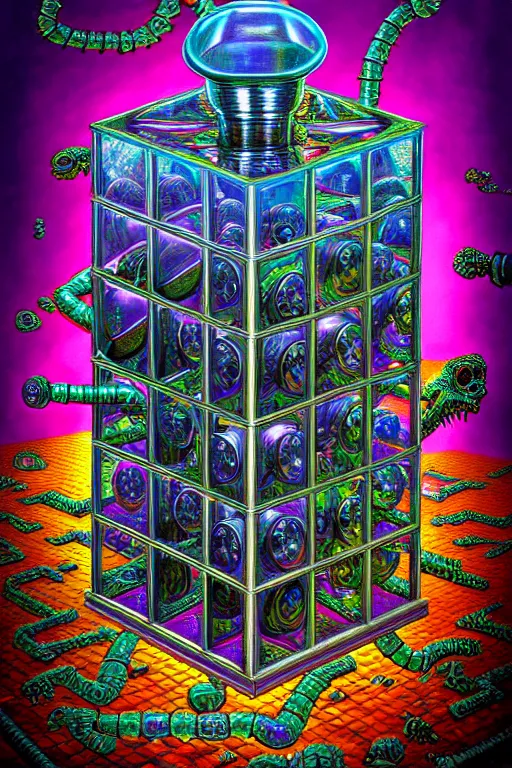 Prompt: a detailed photorealistic image of an ornate 3 d depth perspective transparent glass prism isometric metallic nightmare zombie horror machine electronic chemistry satellite chrome synthesis engine by johfra bosschart, lisa frank, dark fantasy art, high detail, trending on artstation