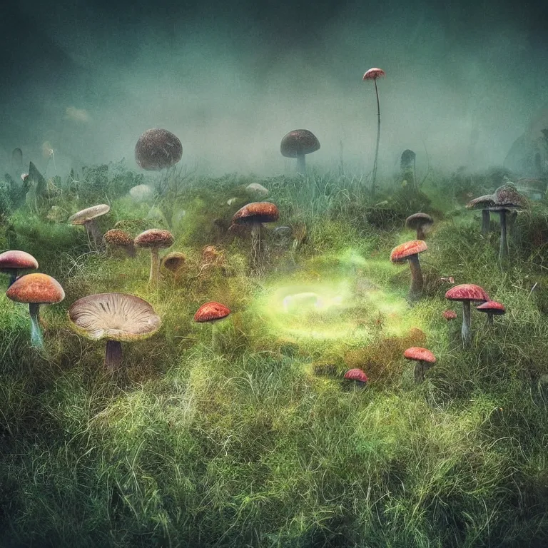 Image similar to a planet of various fungus, mushrooms and plants, inside the picture is infinity, Atmospheric phenomenon, artistic photography, muted colors, conceptual, long exposure outside the city, volumetric light