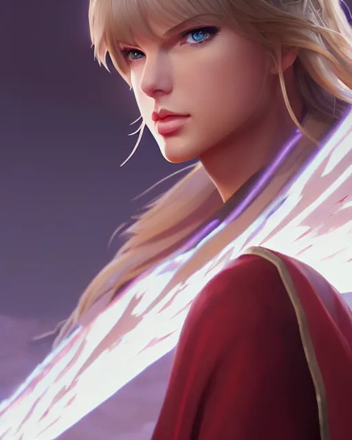 Image similar to azctec warrior, taylor swift, detailed perfect face, exquisite details, fire magic, mid view, design on a white background, by studio muti, greg rutkowski makoto shinkai takashi takeuchi studio ghibli