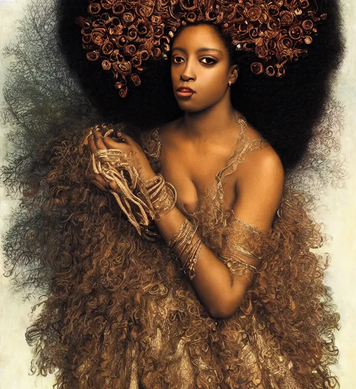 Image similar to a breathtakingly stunningly beautifully highly detailed portrait of a afro queen, ornately framed, by rosetti and devinci and michael cheval and sidney cooper and turner, 4 k