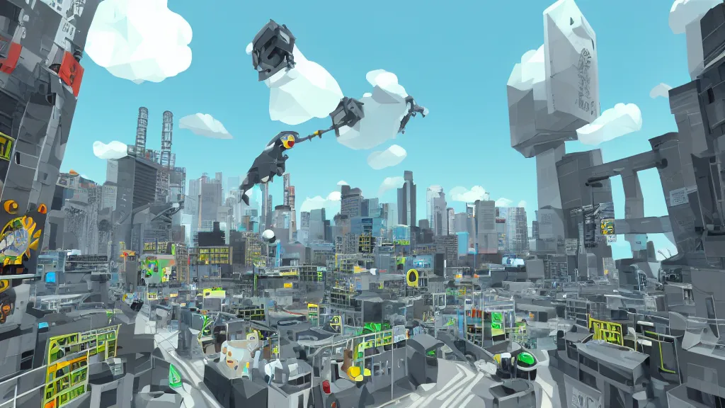 Prompt: y2k platform game, daytime, tokyo, robot, futuristic city, cel shaded, jet set radio, low poly, 3d, minimalist