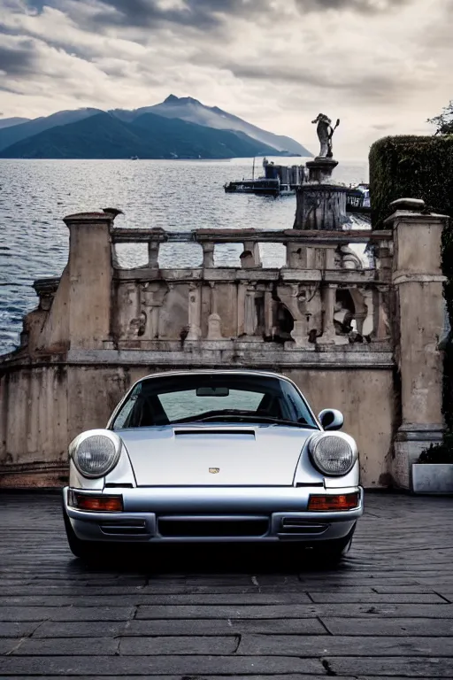 Image similar to Photo of a silver Porsche 911 Carrera 3.2 parked on a dock in Lake Como in the background, daylight, dramatic lighting, award winning, highly detailed, 1980s Versace ad, fashion photography, fine art print, best selling.