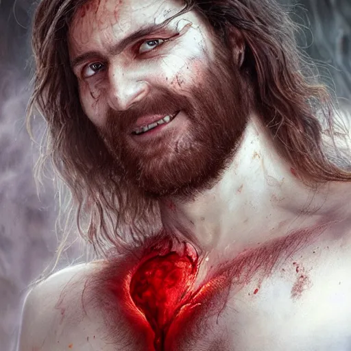 Image similar to UHD closeup of a Photorealistic long haired man with a giant gaping hole in his chest, heart exploding, with incredible amount of blood gushing out by Antonio Caparo and Ferdinand Knab and Greg Rutkowski, UHD, photorealistic, trending on artstation, trending on deviantart