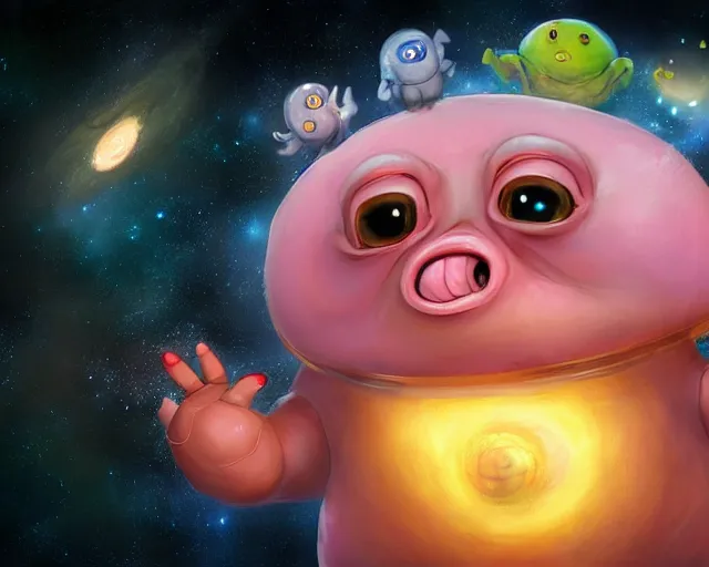 Image similar to 3D Fantasy Cute and adorable chubby alien piggy in space, huge adorable eyes, bright stars, Smooth 3D Illustration, soft render, Servando Lupini, Daniil Kudriavtsev, handpaint texture, Blender, 3DCoat