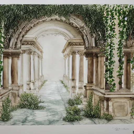 Image similar to delicate marble white garden on paper floating puffy vines botanical 1 9 2 0 herbarium botanic watercolors river ocean coastile rain iridescent 8 k wide angle realistic shaded fine details, artstation italian rainbow colonnade oak pinecone gardena architecture pompeii