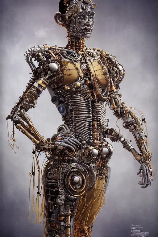 Prompt: a beautiful ultradetailed fine art photo of a cybernetic biomechanical cyborg classical thai dancer, by tom bagshaw and anna dittman, portrait, 3 5 mm lens, golden ratio composition, detailed face, techno eye, studio photography, very detailed, bionic cybernetic implants, industrial robots, artstation, 8 k, highly coherent