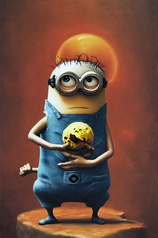 Prompt: a minion devouring a ball of meat in the style of beksinski