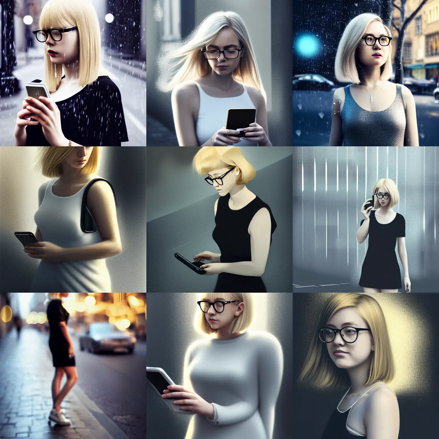 Prompt: medium shot of blond shoulder bob haired girl in street looking down at her phone, curvy, white and black dress, thin frame silver glasses, silver shining jewellery, night time, hdr, depth of field, raining, particles, golden ratio, cinematic lighting, artstation wlop, guweiz, artgerm, concept art, digital painting