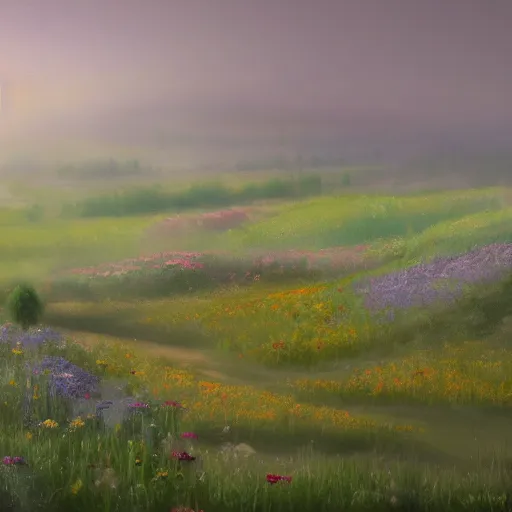 Image similar to a matte painting of a european prairie, cottage town, foggy, patchy flowers, oil painting, pale colors, high detail, 8 k, wide angle, trending on artstation,