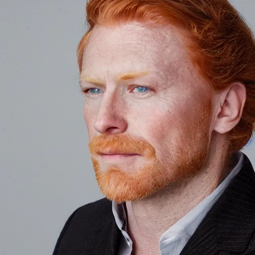 Image similar to photograph of a ginger man in his 40s, greenish blue eyes, small nose, clean shaven, no wrinkles, tall, wearing a white shirt and elegant gray dress jacket, looking into the distance