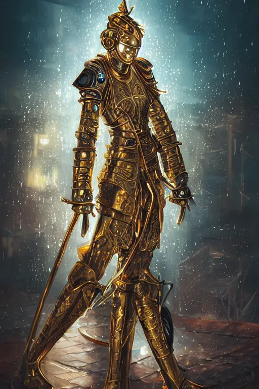 Image similar to portrait holy and divine young knights of Zodiac girl, golden and copper armor, in futuristic heavily raindrop ruin tokyo rooftop cyberpunk night, ssci-fi, fantasy, intricate, very very beautiful, elegant, neon light, highly detailed, digital painting, concept art, human anatomy, soft light, hdri, smooth, sharp focus, illustration, art by tian zi and craig mullins and WLOP and alphonse mucha