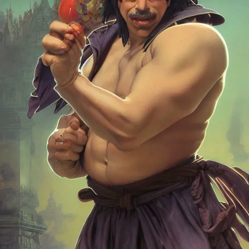 Image similar to curtis armstrong as e. honda from street fighter, ultra realistic, concept art, intricate details, eerie, highly detailed, photorealistic, octane render, 8 k, unreal engine. art by artgerm and greg rutkowski and magali villeneuve and alphonse mucha