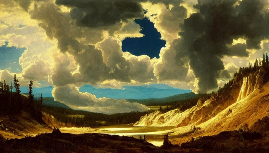 Prompt: yellowstone national park epic painting by albert bierstadt, dramatic sky clouds, dark rocks, high mountain with waterfall, artstation