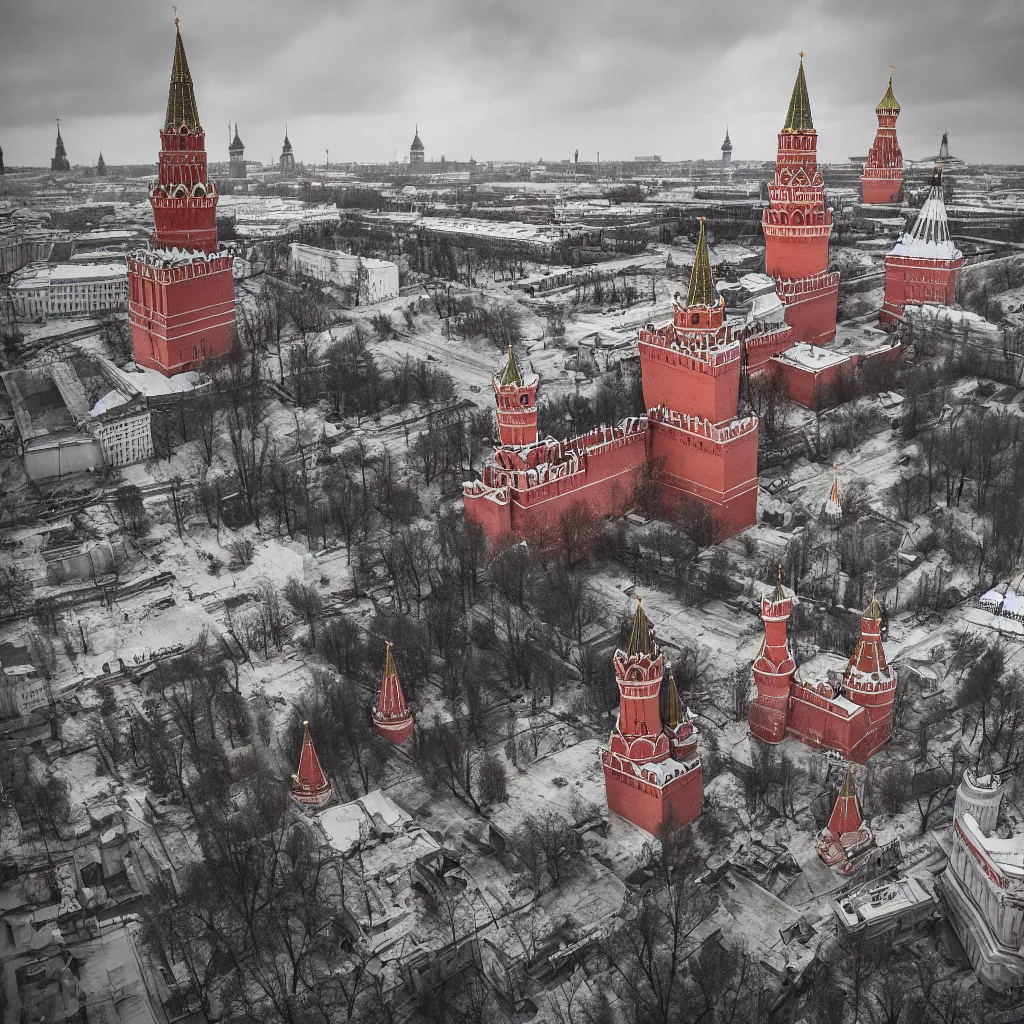 Prompt: collapse of kremlin moscow, destruction, chaos, 4 k, realistic, professional photography