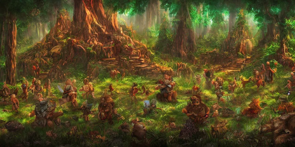 Image similar to forest biome full of dwarves and fairies, fantasy apocalypse, digital art, 4 k