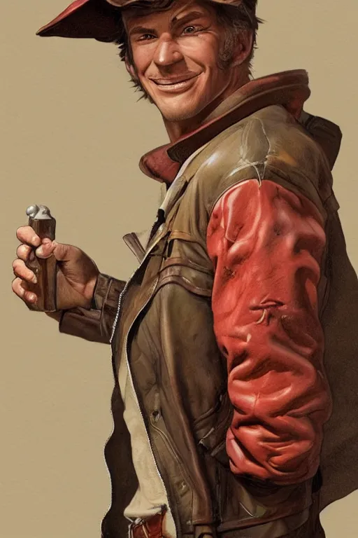 Image similar to character design, turnaround, 40's adventurer, unshaven, optimistic, stained dirty clothing, straw hat, riding boots, red t-shirt, dusty brown bomber leather jacket, detailed, concept art, photorealistic, hyperdetailed, 3d rendering , art by Leyendecker and frazetta,