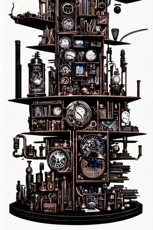 Image similar to a majestic steampunk alchemists bookshelf, two point perspective, furniture, high details, bold line art, by vincent di fate and joe fenton, inking, etching, screen print, masterpiece, trending on artstation, sharp, high contrast, hyper - detailed,, hd, 4 k, 8 k