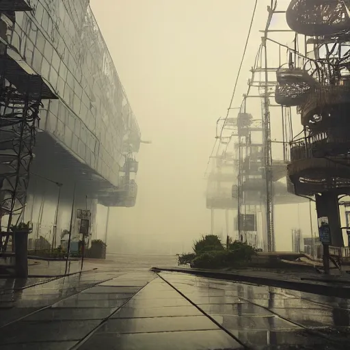 Image similar to raining dark smog wide angle shot dieselpunk dystopia makoto shinkai corrogated steel walkway