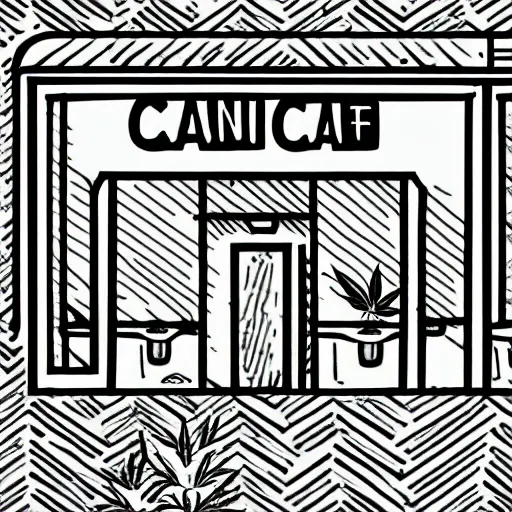 Prompt: hand - drawn minimalistic line portrait of cannabis cafe, isometric, ink, digital art