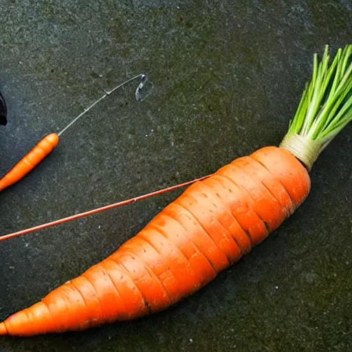 Image similar to dangling carrot in a fishing rod in front of a blonde man,