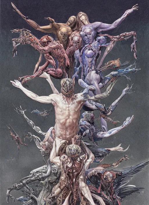 Prompt: hyper realistic painting of multiples ravens flying into each other, stormy, convoluted, chaotic, in the style of wayne barlowe, gustav moreau, goward, bussiere and roberto ferri, santiago caruso, and austin osman spare, saturno butto, sorayama. occult art, alchemical diagram