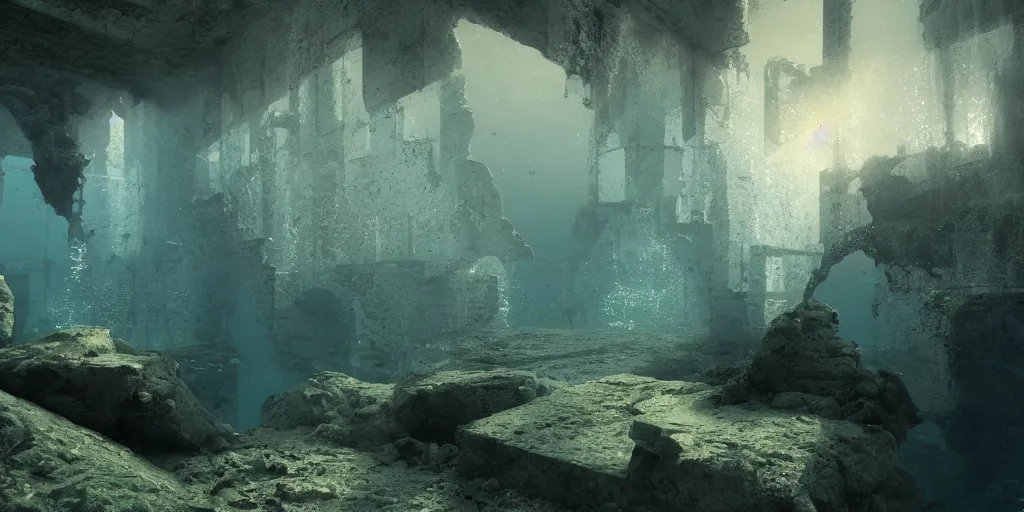 Image similar to underwater ruins, reflective water, caustics, ray tracing, refractive, hdr, award winning, trending on artstation, digital art. highly detailed 8 k. intricate. lifelike. soft light. nikon d 8 5 0.