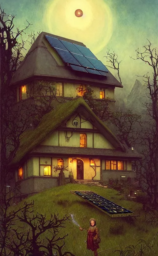 Image similar to a hyper realistic witchy cottage with solar panels on a tall hill, distant explosions in the mountains, atmospheric lighting, lush foliage, painting by chiara bautista and tom bagshaw, mucha, beksinski and norman rockwell and greg rutkowski weta studio, and lucasfilm