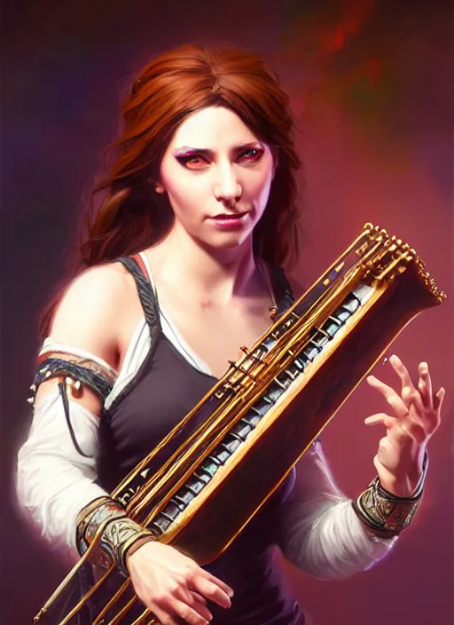 Image similar to a _ fantasy _ style _ portrait _ painting _ of female charismatic bard playing instrument, rpg dnd oil _ painting _ unreal _ 5 _ daz. _ rpg _ portrait _ extremely _ detailed _ artgerm _ greg _ rutkowski _ greg