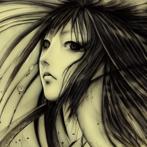 Image similar to yoshitaka amano blurred and dreamy illustration of an anime girl with black eyes, wavy white hair fluttering in the wind wearing elden ring armor and engraving, abstract black and white patterns on the background, noisy film grain effect, highly detailed, renaissance oil painting, weird portrait angle, blurred lost edges, three quarter view