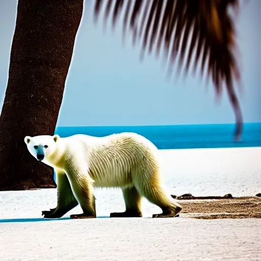 Image similar to a photo of a really skinny polar bear on a tiny pacific island, beautiful desert island with coconut trees, ultra detailed, 50mm f/1.4, national geographic