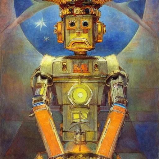 Image similar to the robot king of dawn with his lantern and crown, by Annie Swynnerton and Diego Rivera , symbolist, dramatic lighting, elaborate geometric ornament, Art Brut, soft cool colors,smooth, sharp focus, extremely detailed, Adolf Wölfli and Donato Giancola