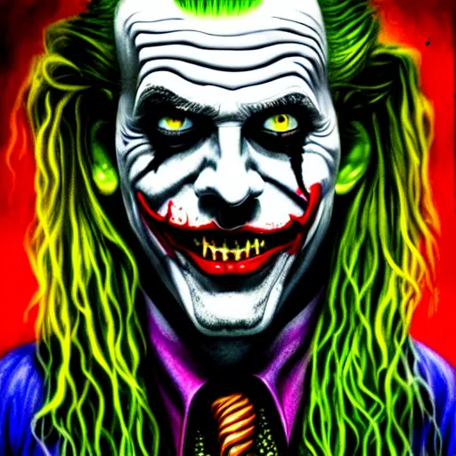 Image similar to An extremely psychedelic portrait of Rob Zombie as the Joker, surreal, LSD, face, detailed, intricate, elegant, lithe, highly detailed, digital painting, artstation, concept art, smooth, sharp focus, illustration