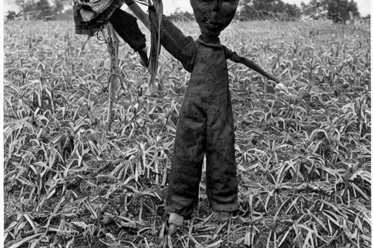 Prompt: disturbing scarecrow from the early 1 9 0 0's in a trancelike state in the burning cornfields