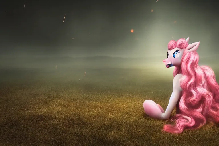 Prompt: Pinkie Pie equine sitting down viewed from behind, gazing off into the horizon, professional animal photography and mood lighting, flowing mane and tail, relaxed expression, subtle fog, fireflies 4k