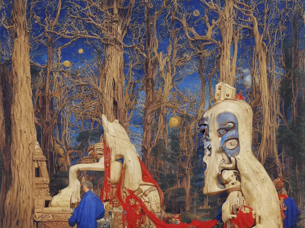 Image similar to Albino mystic with his back turned, looking in the distance at giant totemic archaic sculpture mask Tibetan temple made from Lapis Lazuli. Painting by Jan van Eyck, Audubon, Caspar David Friedrich, Rene Magritte, Agnes Pelton, Max Ernst, Walton Ford