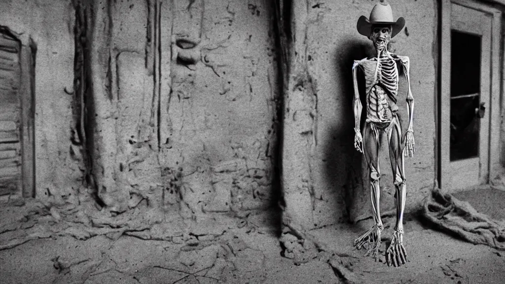 Prompt: Amazing digital concept art of an anatomical model without skin in a cowboy outfit, standing in a dusty old western town, by James Clyne. Cinematic. 24mm lens, 35mm film, Fujifilm Reala, f8