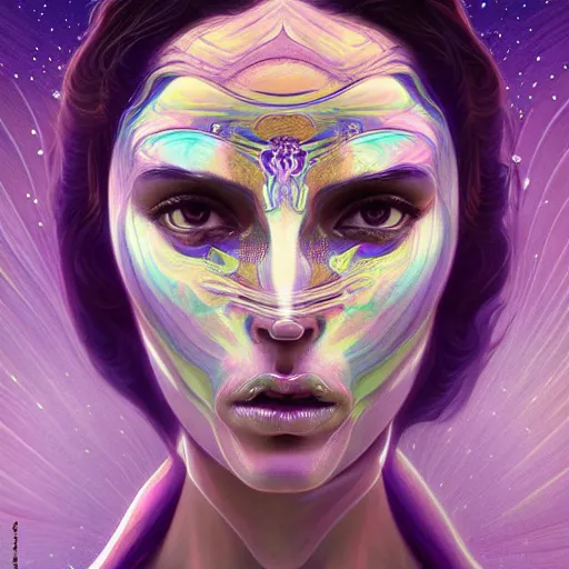 Image similar to Psychedelic Portrait of very very very very very very beautiful woman, spacesuit, purple eyes, intricate, elegant, highly detailed, trippy, dmt, digital painting, artstation, concept art, smooth, sharp focus, illustration, art by artgerm and greg rutkowski and alphonse mucha