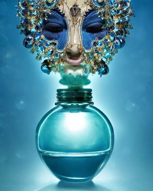 Image similar to natural light, soft focus extreme close up of a perfume bottle on a lilpad in the water, blue bioluminescent plastics, smooth shiny metal, elaborate ornate head piece, piercings, skin textures, by annie leibovitz, paul lehr