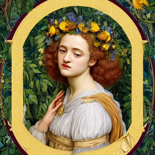 Prompt: masterpiece beautiful seductive flowing curves preraphaelite face midsommar portrait of julia garner as the may queen, flower crown, amongst leaves, yellow ochre ornate medieval dress, amongst foliage, gold gilded circle halo, kilian eng and frederic leighton and rosetti, 4 k