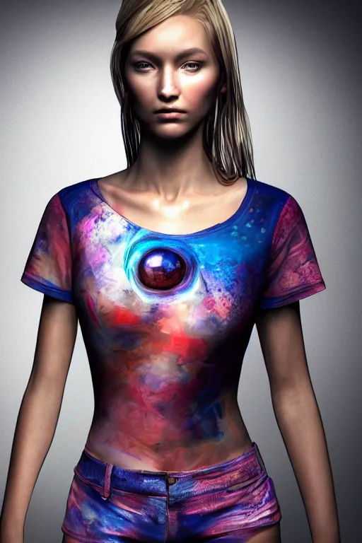 Image similar to Epic ultra realistic portrait of a very beautiful female wearing an Abstract tech shirt and hotpants, subsurface scattering realistic eyes, symmetric body features proportions, ultra intricate details, volumetric clouds, focus, award winning, unreal render