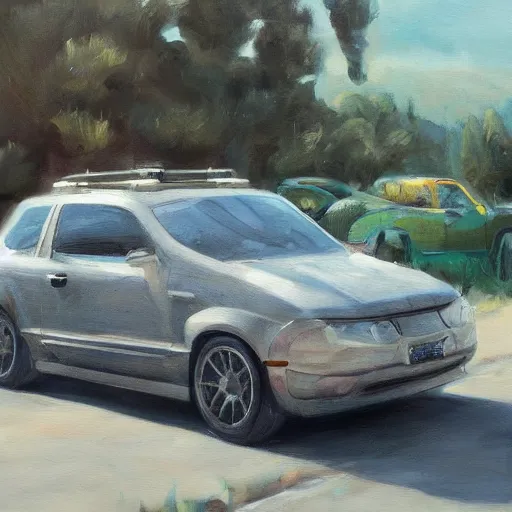 Image similar to weponized family car in toscany plains, artstation, fine art, oil painting, very detailed, very realistic
