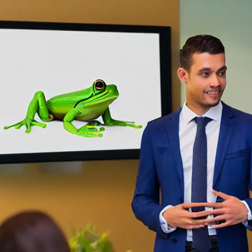 Image similar to a picture of a frog giving a presentation at the office, he is wearing a suit, 4K