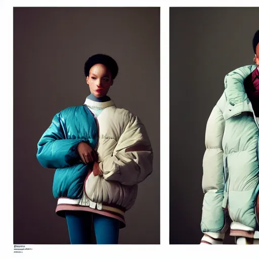 Image similar to realistic! photoshoot for a new balenciaga lookbook, color film photography, portrait of a beautiful woman wearing a puffer jacket, photo in style of tyler mitchell, 35mm