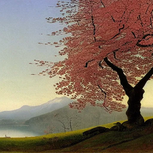 Image similar to beautiful landscape with cherry trees, painted by Caspar David Friedrich, painting